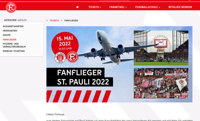 Fortuna bietet einen Fanflieger nach Düsseldorf an.